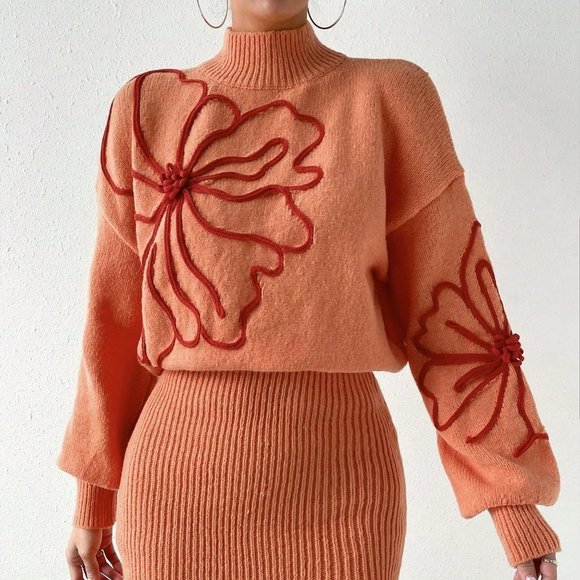 Orange Casual Womens Floral Pattern Mock Neck Drop Shoulder Sweater Dress - Picture 5 of 5